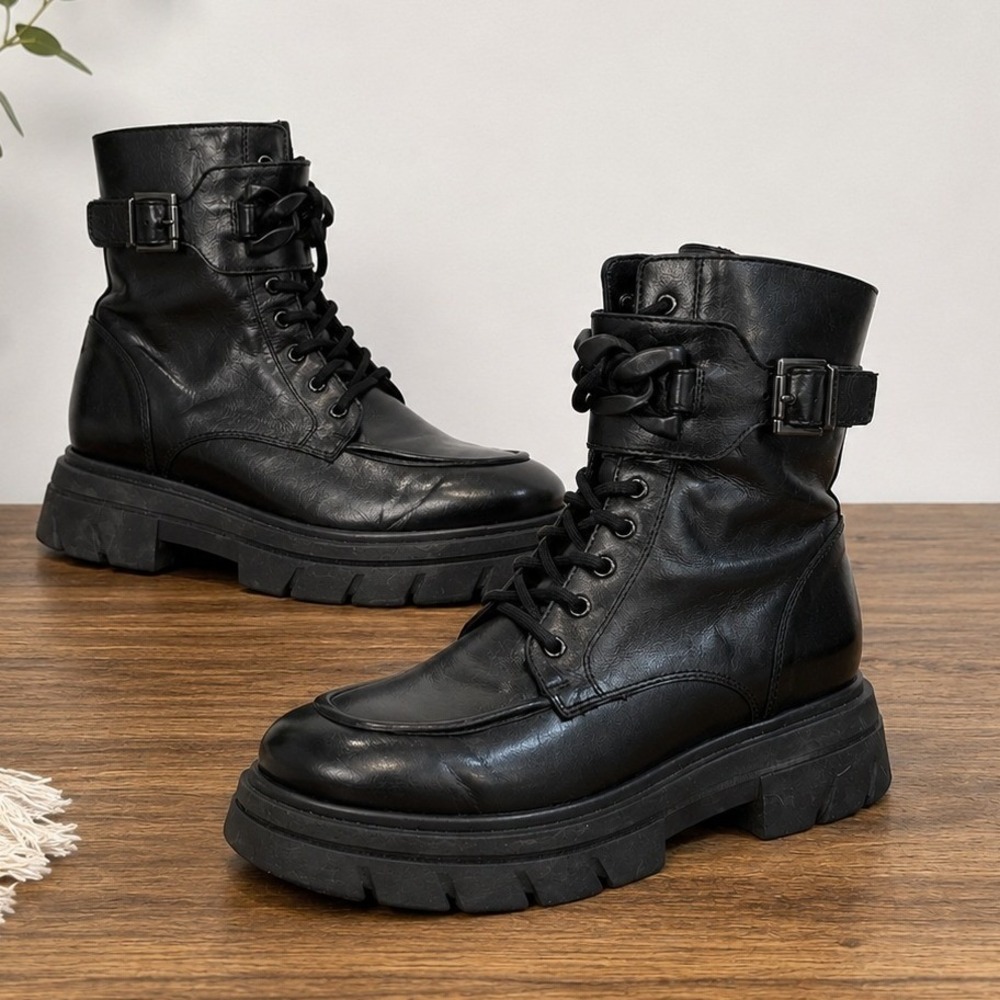 Nero Giardini Women's Black Leather Side Zipper Combat Boots Italy 39/8.5